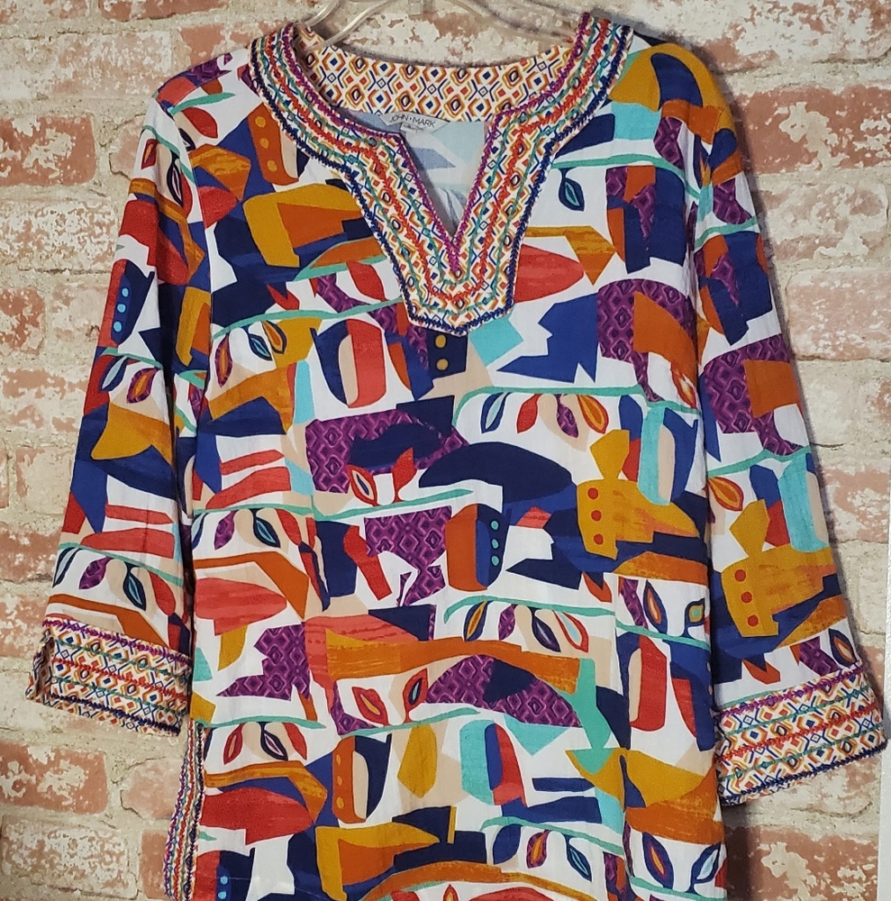 John Markgeometric Abstract Print Embroidered Spl… - image 4